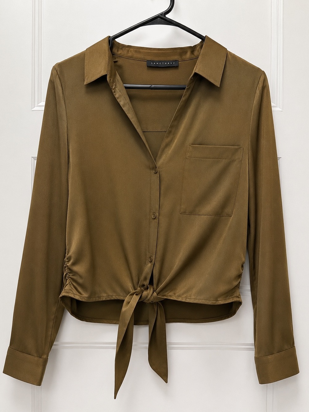 Tie-Front Satin Button-Up Top in Olive